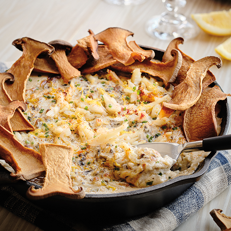 CRAB & MUSHROOM DIP SERVED WITH MUSHROOM CHIPS BCLIQUOR