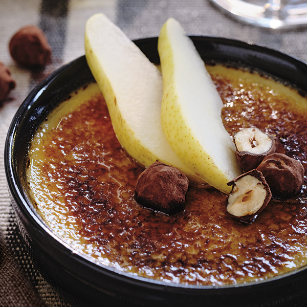 Roquefort Crème Brûlée with Pear &amp; Chocolate Hazelnuts
