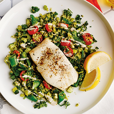 BROCCOLI TABBOULEH WITH HALIBUT | BCLIQUOR