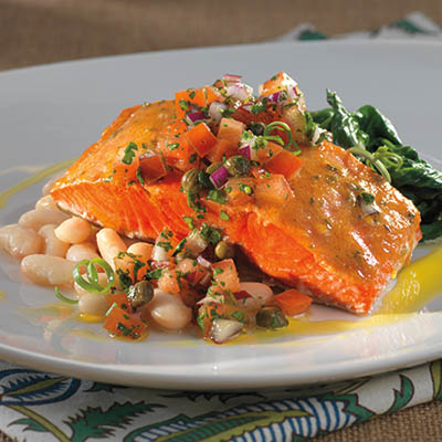SLOW-BAKED SALMON WITH SPINACH FLORENTINE AND TOMATO SALSA | BCLIQUOR